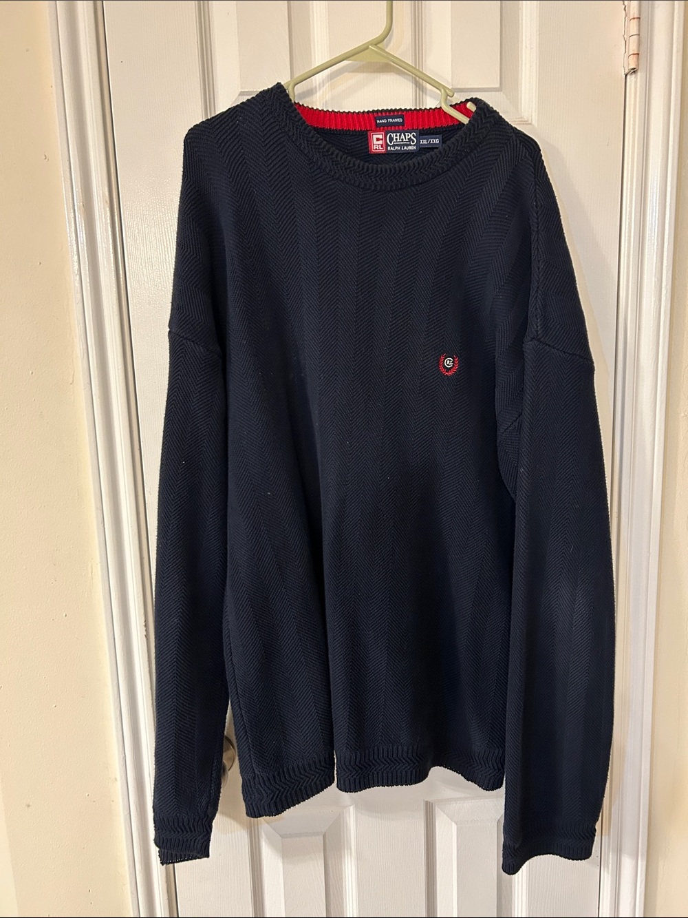 Chaps Men's Navy Crewneck Sweater with Red Trim